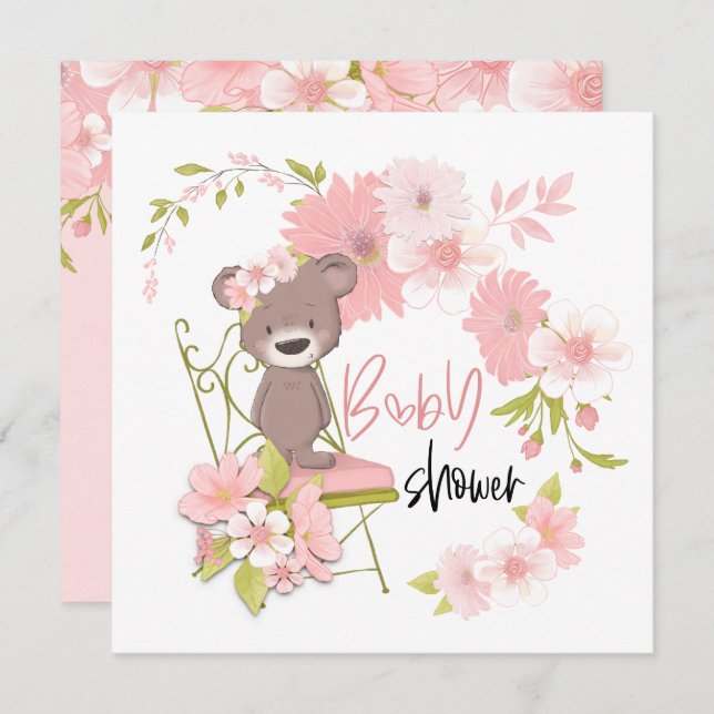 Invitación Chica Baby Shower de flores blancas rosadas de oso (Anverso / Reverso)