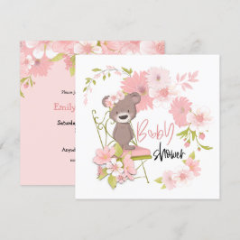 Invitación Chica Baby Shower de flores blancas rosadas de oso