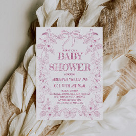 Invitación Chica Baby Shower de Flores de tela blanca rosada 