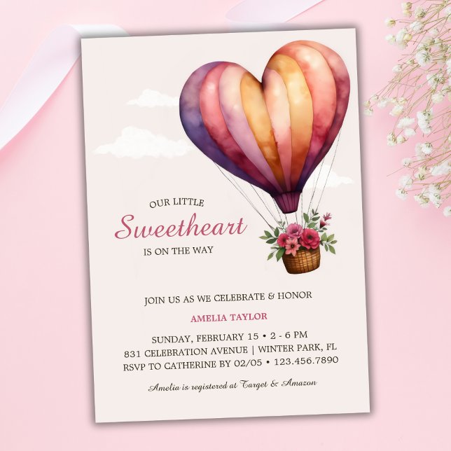 Invitación Chica Baby Shower de globo aerostático de corazón  (Pink Heart Hot Air Balloon Girl Baby Shower Invitation)