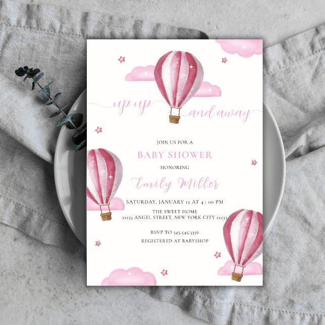 Invitación Chica Baby Shower de globo aerostático elegante ro (Pink Elegant Hot Air Balloon Girl Baby Shower Invitation)
