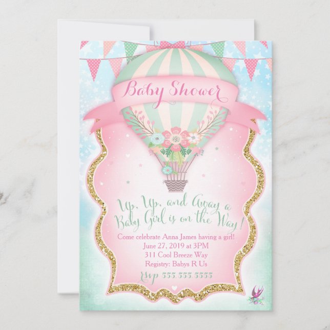 Invitación CHICA Baby Shower de globo aerostático GC (Anverso)