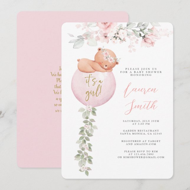 Invitación Chica Baby Shower de globo de Oso Rosa Teddy Bear (Anverso / Reverso)