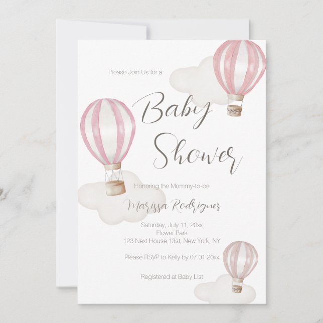 Invitación Chica Baby Shower de globos de aire caliente rosa (Anverso)