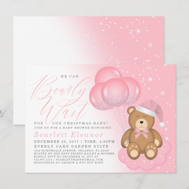 Invitación Chica Baby Shower de globos de oso sonoro rosa par (Anverso / Reverso)