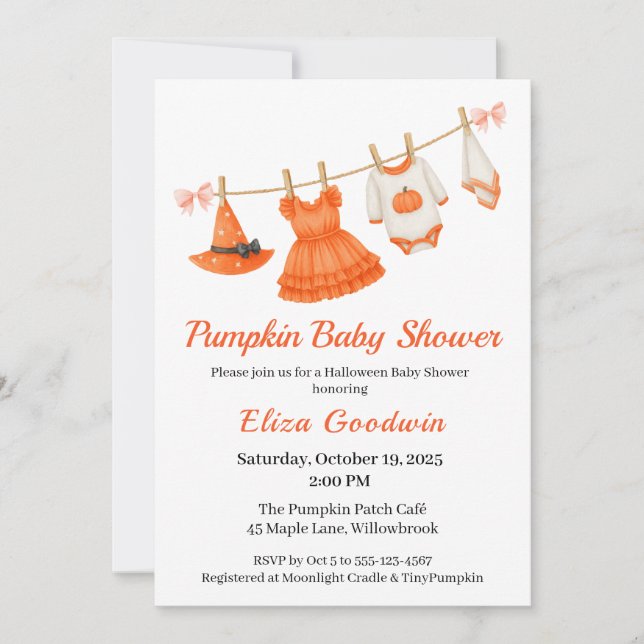 Invitación Chica Baby Shower de Halloween | Calabaza de peque (Anverso)