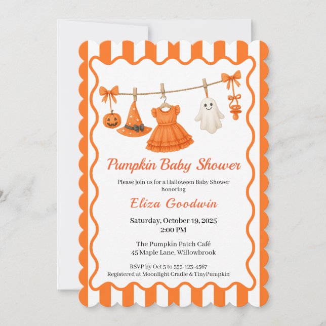 Invitación Chica Baby Shower de Halloween | Calabaza de peque (Anverso)