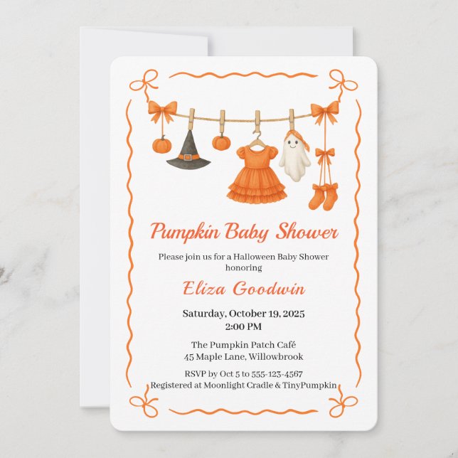 Invitación Chica Baby Shower de Halloween | Calabaza de peque (Anverso)