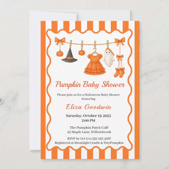 Invitación Chica Baby Shower de Halloween | Calabaza de peque (Anverso)