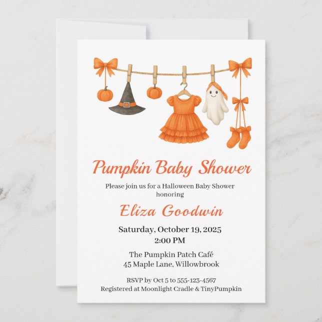 Invitación Chica Baby Shower de Halloween | Calabaza de peque (Anverso)