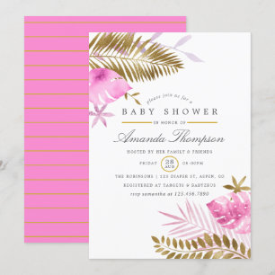 Invitación Chica Baby Shower de hojas tropicales rosadas y do