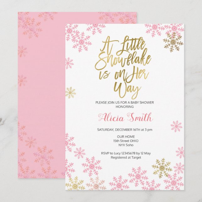 Invitación Chica Baby Shower de invierno de color rosa dorado (Anverso / Reverso)
