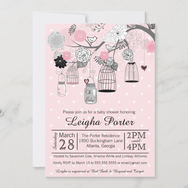 Invitación Chica Baby Shower de jaulas y jarrones de pájaro n (Anverso)