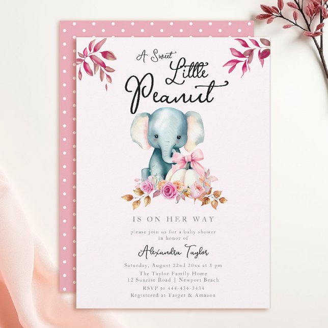 Invitación Chica Baby Shower de la Caída de la Calabaza del E (fall baby shower themes little peanut elephant pumpkin greenery floral watercolor pink burgundy)