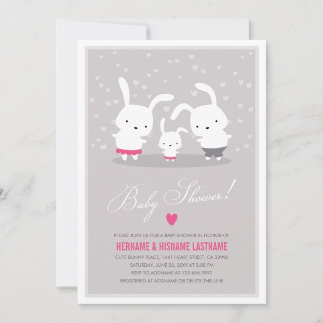 Invitación Chica Baby Shower de la familia Cute Bunny Family  (Anverso)