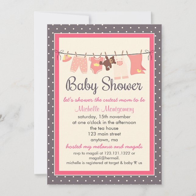 Invitación Chica Baby Shower de la línea de ropa dulce para b (Anverso)
