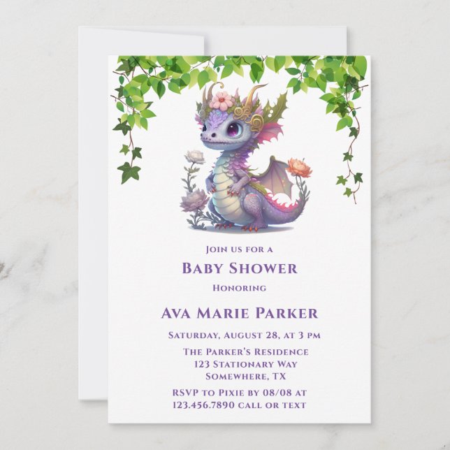 Invitación Chica Baby Shower de la Princesa Dragon Florals (Anverso)