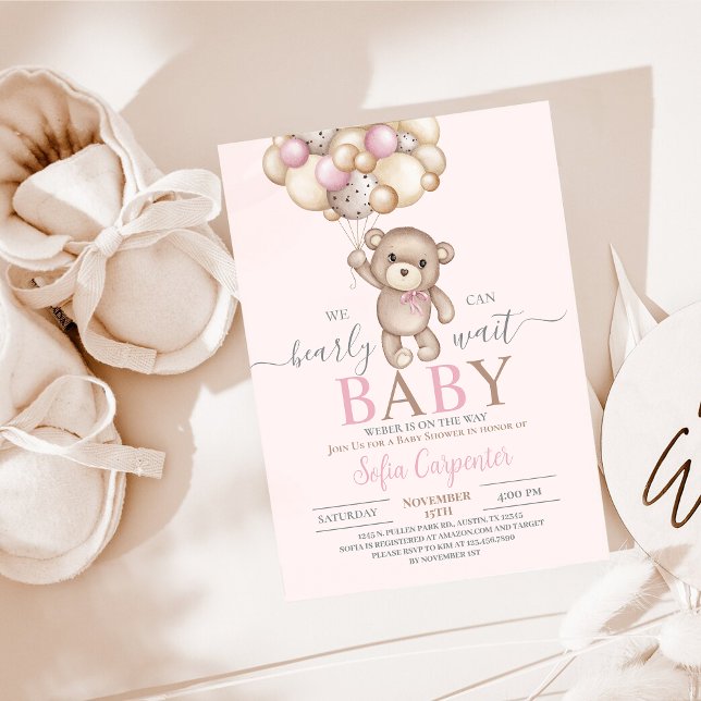 Invitación Chica Baby Shower de los globos rosados de Oso de  (Subido por el creador)