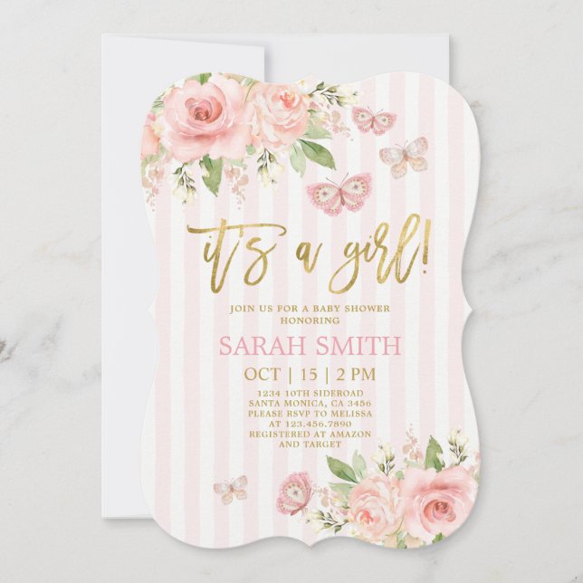 Invitación chica Baby Shower de mariposa (Anverso)