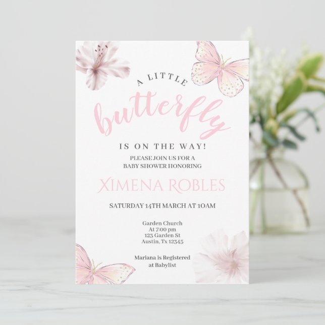 Invitación Chica Baby Shower de mariposa rosa (Anverso de pie)