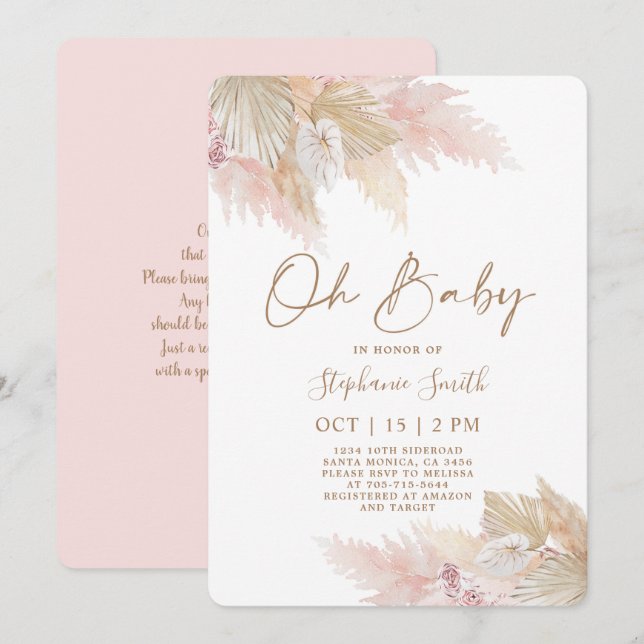 Invitación Chica Baby Shower de Moda de Boho Rosa Pampas Gras (Anverso / Reverso)