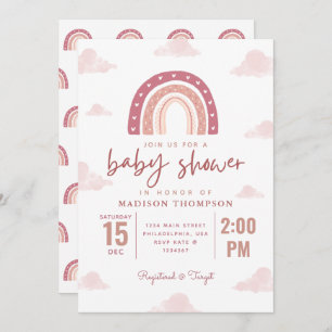 Invitación Chica Baby Shower de nubes de arcoiris rosadas pas