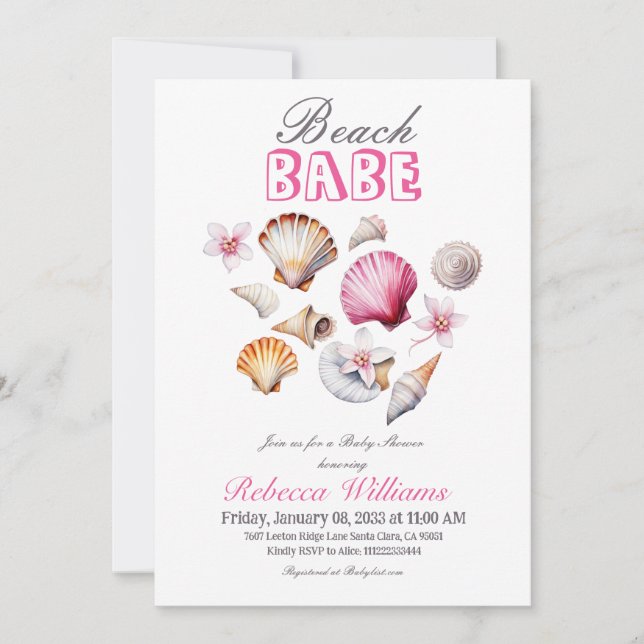 Invitación Chica Baby Shower de Ocean Beach Babe Pink Seashel (Anverso)