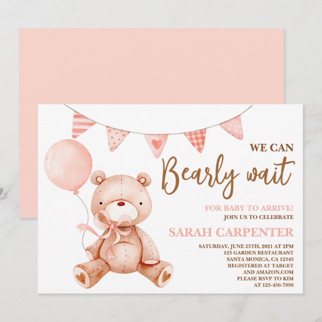 Invitación Chica Baby Shower de oso (Anverso / Reverso)