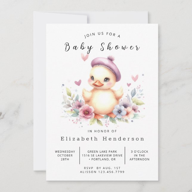 Invitación Chica Baby Shower de pato en línea (Anverso)