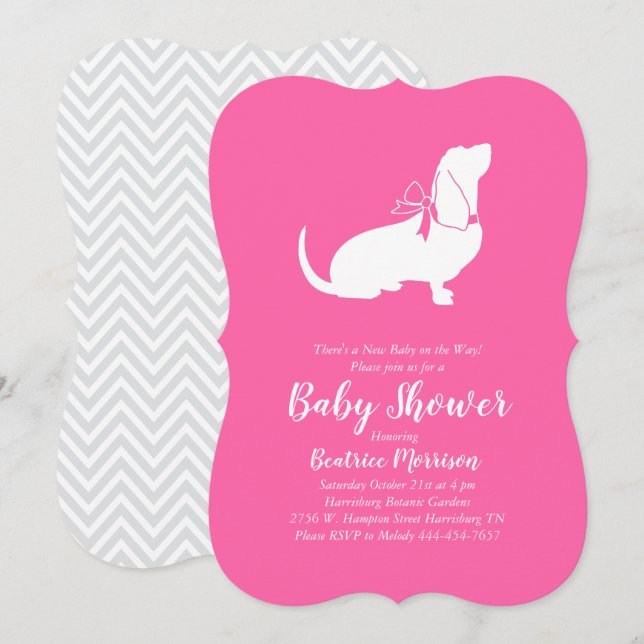 Invitación Chica Baby Shower de perro hondo basset (Anverso / Reverso)