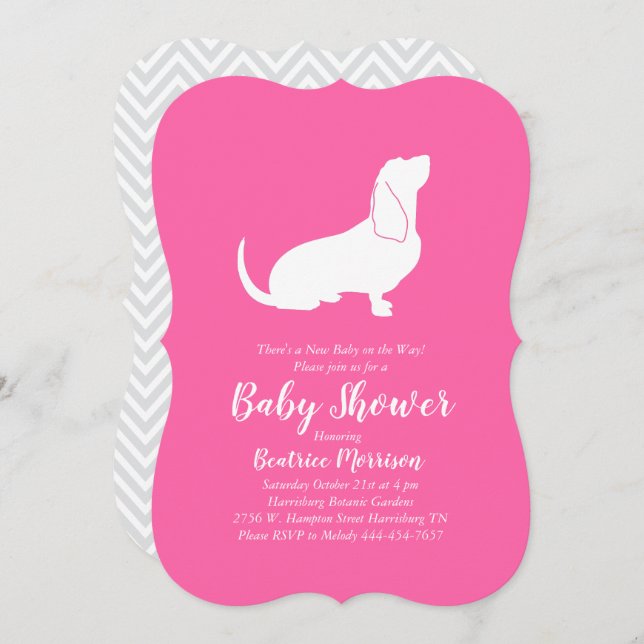 Invitación Chica Baby Shower de perro hondo basset (Anverso / Reverso)