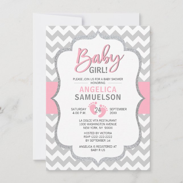 Invitación CHICA Baby Shower de pies gris rosado de Chevron (Anverso)