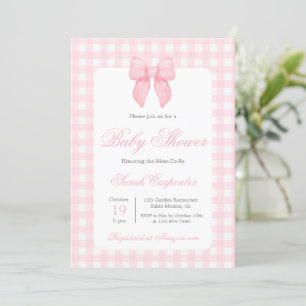 Invitación Chica Baby Shower de Pink Gingham y Bow