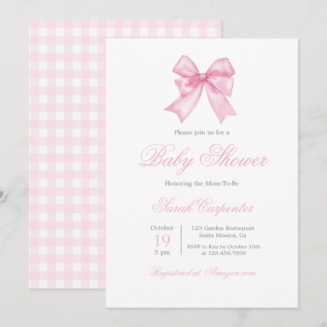 Invitación Chica Baby Shower de Pink Gingham y Bow (Anverso / Reverso)