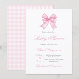 Invitación Chica Baby Shower de Pink Gingham y Bow