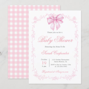 Invitación Chica Baby Shower de Pink Gingham y Bow
