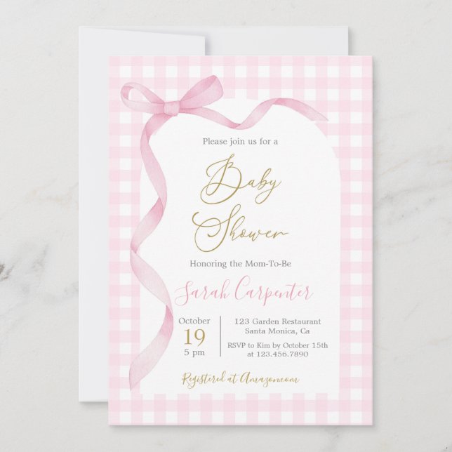 Invitación Chica Baby Shower de Pink Gingham y Bow (Anverso)