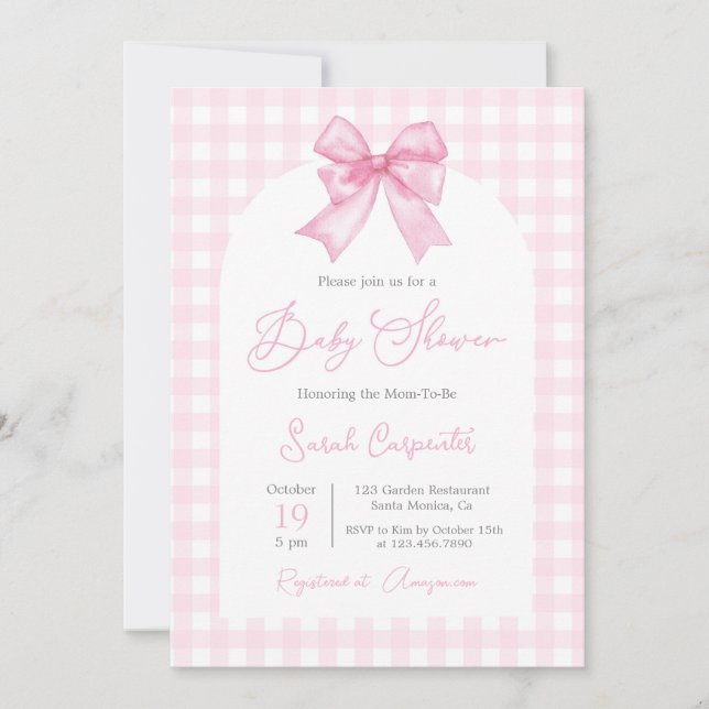 Invitación Chica Baby Shower de Pink Gingham y Bow (Anverso)