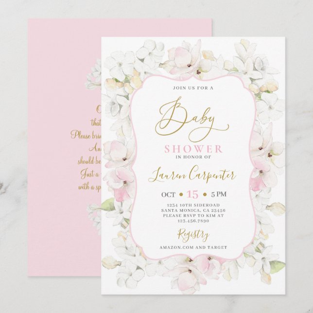 Invitación Chica Baby Shower de Pink Hydrangea (Anverso / Reverso)