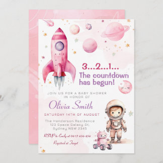 Invitación Chica Baby Shower de planetas astronautas astronau