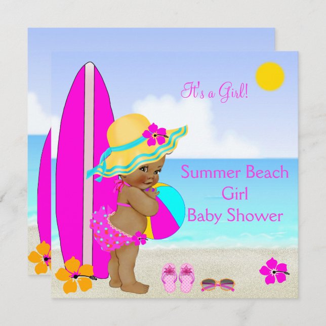 Invitación Chica Baby Shower de playa de la etnia azul Verde  (Anverso / Reverso)