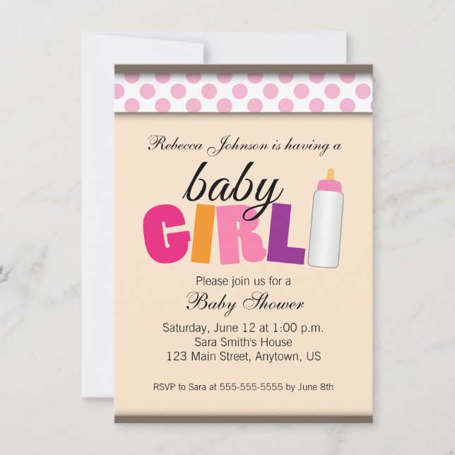 Invitación Chica Baby Shower de puntos de polka rosa (Anverso)