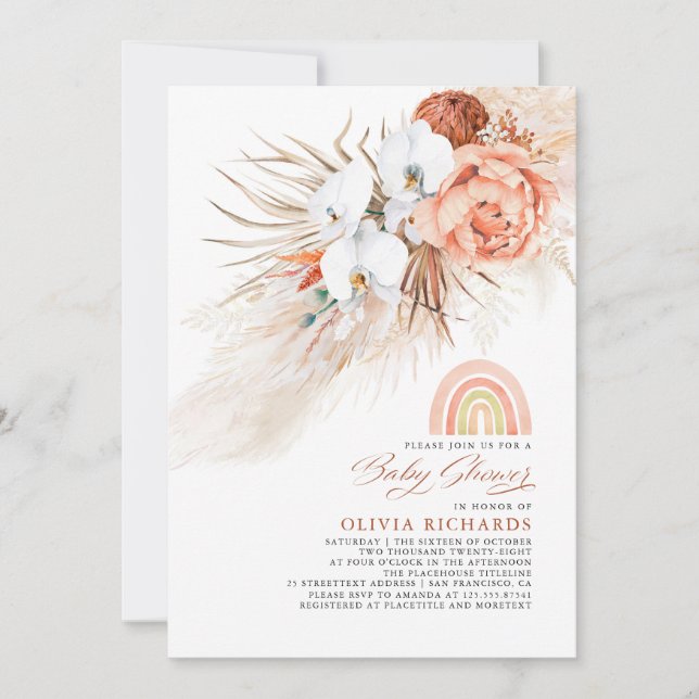 Invitación Chica Baby Shower de Rubor Rosa Rainbow Pampas Gra (Anverso)