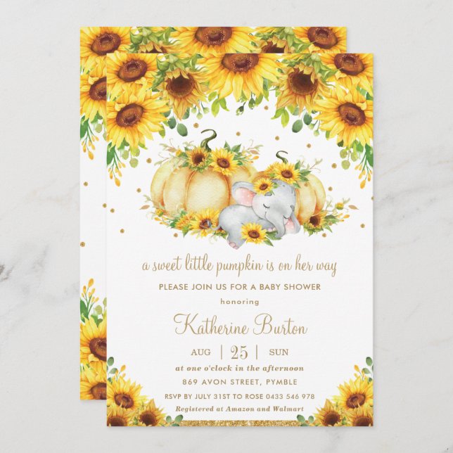 Invitación Chica Baby Shower de Sunflower Little Pumpkin (Anverso / Reverso)