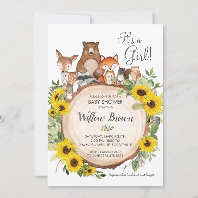 Invitación Chica Baby Shower de Sunflower Woodland Animals (Anverso)
