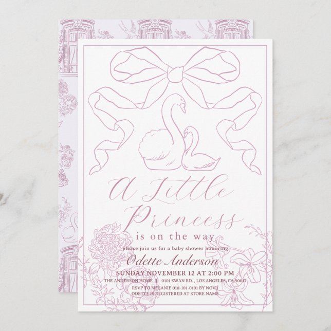 Invitación Chica Baby Shower de Swan Pink Toile de Jouy (Anverso / Reverso)