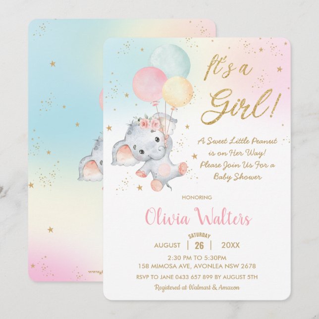 Invitación Chica Baby Shower de Whimsical Cute Elephant Ballo (Anverso / Reverso)