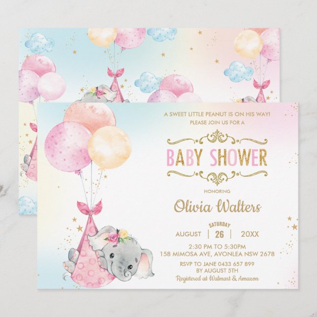 Invitación Chica Baby Shower de Whimsical Elephant Balloons (Anverso / Reverso)
