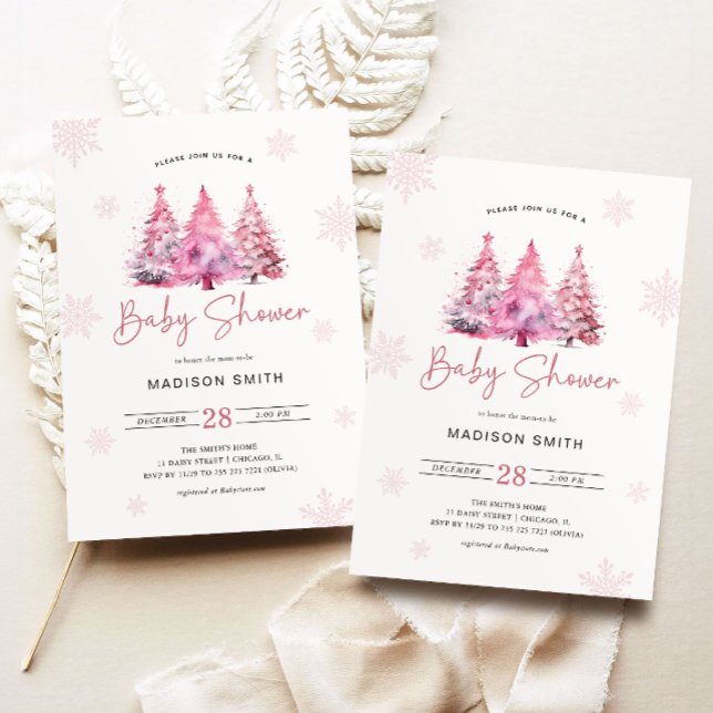 Invitación Chica Baby Shower del árbol de Navidad rosa invern (Subido por el creador)