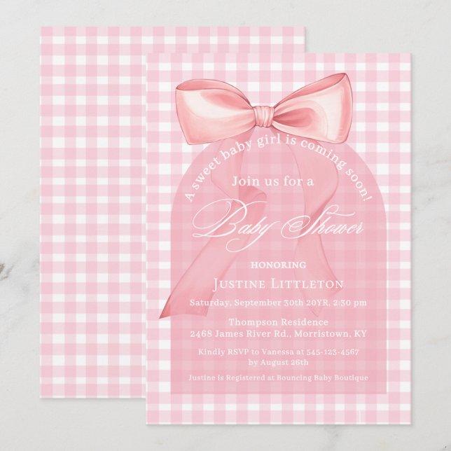 Invitación Chica Baby Shower del Arco de Bow Gingham (Anverso / Reverso)